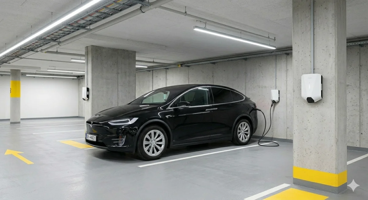AI generert bilde av en parkeringskjeller med en Tesla som lader på en Easee lader