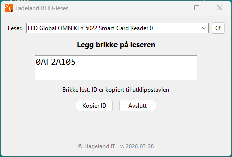Skjermbilde av Ladeland RFID-leser